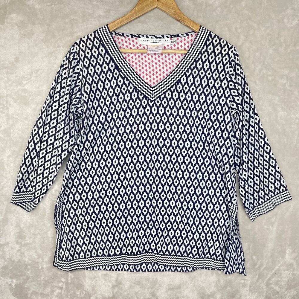 Gretchen Scott Navy White Geometric Ikat Print 3/4 Sleeve Tunic Top Med Coastal